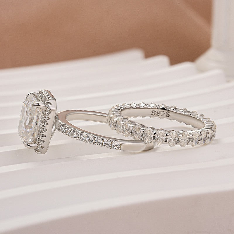 Aurevyn Moissanite 3.0Ct Halo Radiant Cut White Gold Wedding Ring with Oval Cut Wedding Band