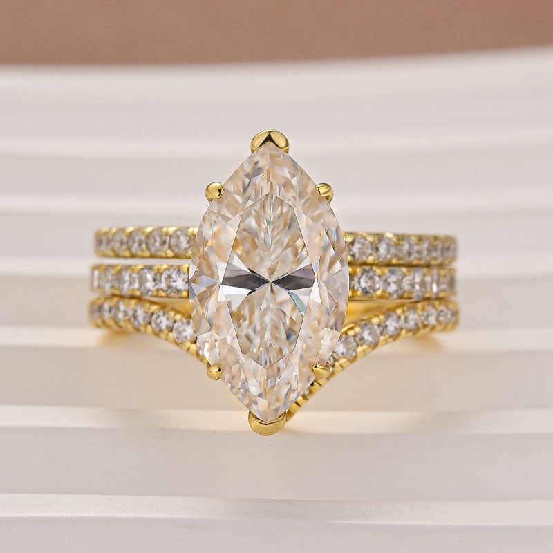 Aurevyn Moissanite 4.0Ct Marquise Cut Yellow Gold Wedding Ring with V Contour Wedding Band