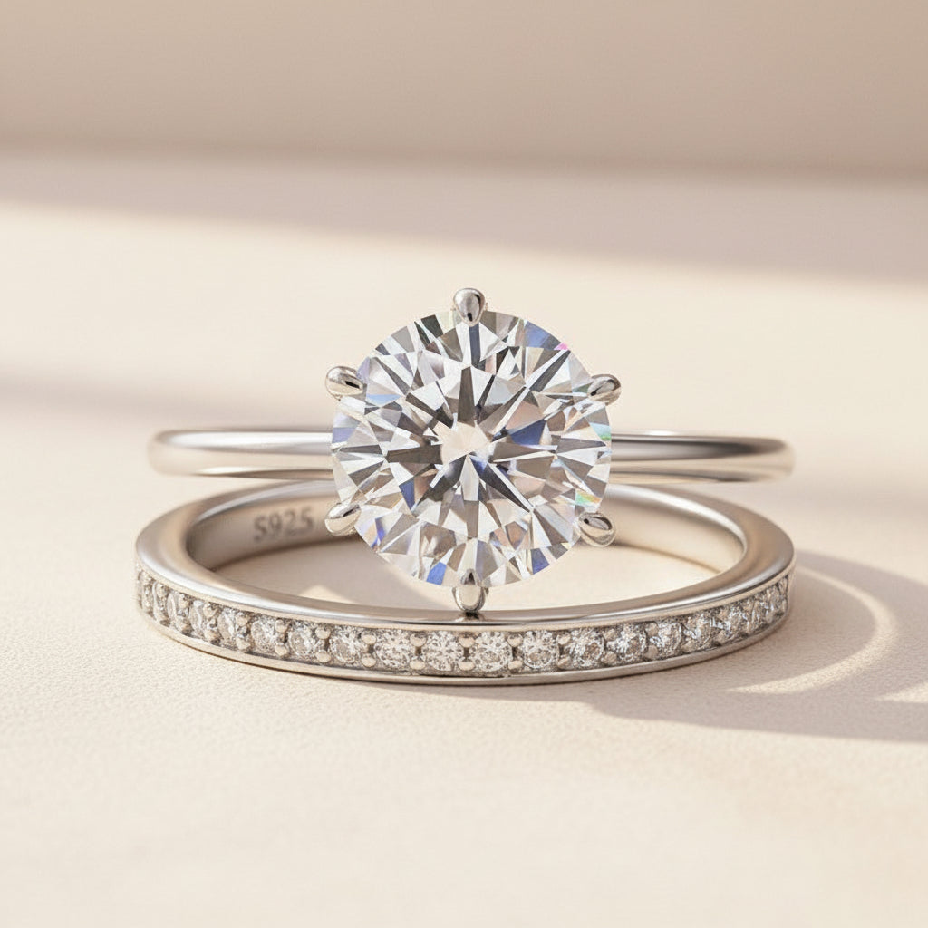 Aurevyn Moissanite 2.0Ct Solitaire Round Cut White Gold Stack Wedding Ring with Pavé Eternity Ring