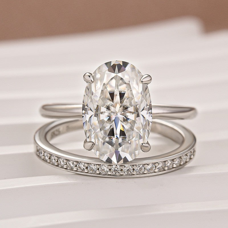 Aurevyn Moissanite 4.0Ct Solitaire Oval Cut White Gold Wedding Ring with Pavé Eternity Ring