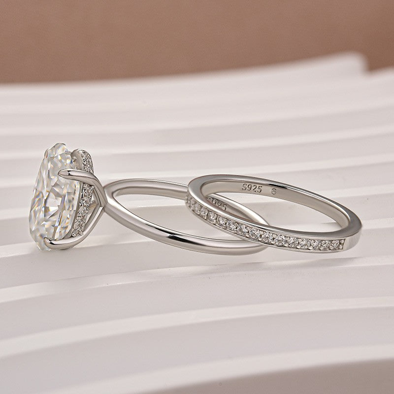 Aurevyn Moissanite 4.0Ct Solitaire Oval Cut White Gold Wedding Ring with Pavé Eternity Ring