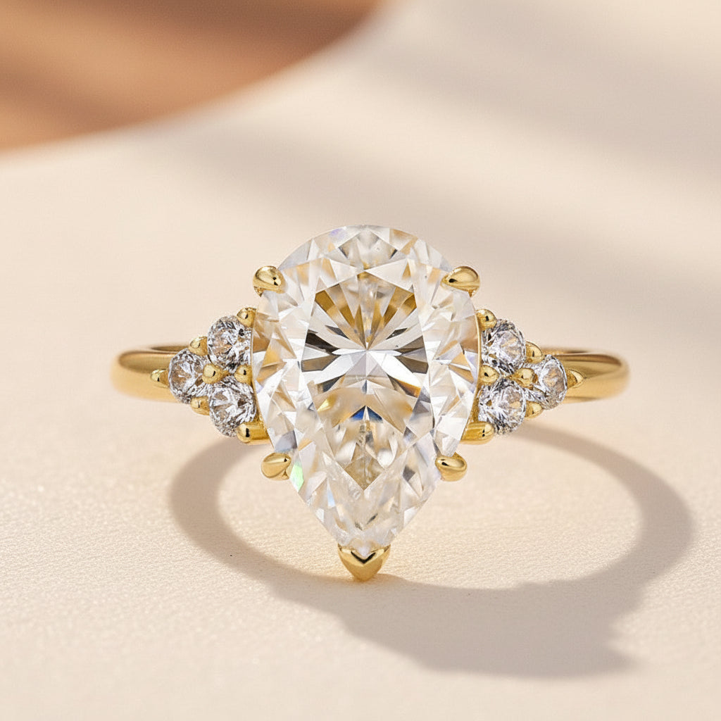 Aurevyn 3.0 Ct Pear Cut Yellow Gold Engagement Ring with Round Cut Side Stone
