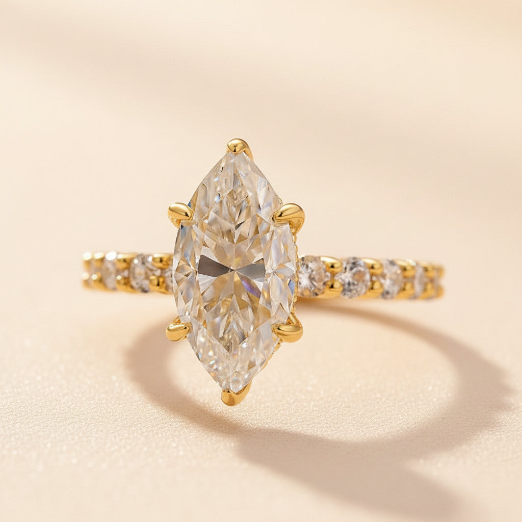 Aurevyn Moissanite 3.0 Ct Marquise Cut Side Stone Yellow Gold Engagement Ring