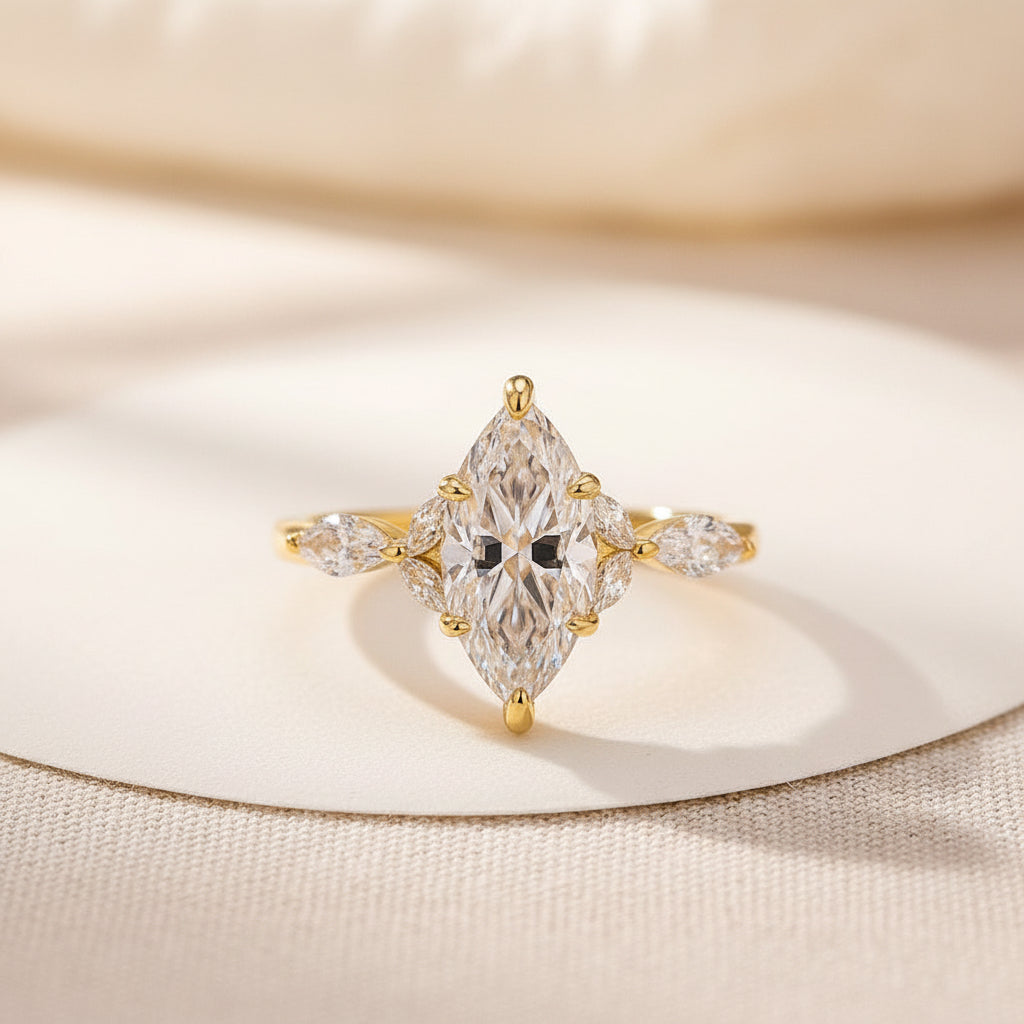 Aurevyn Moissanite 2.0 Ct Marquise Cut Side Stone Yellow Gold Engagement Ring
