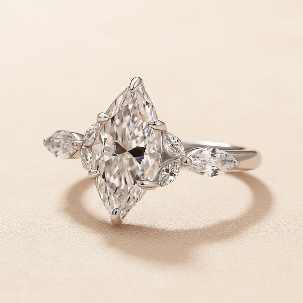 Aurevyn Moissanite 2.0 Ct Marquise Cut Side Stone White Gold Engagement Ring