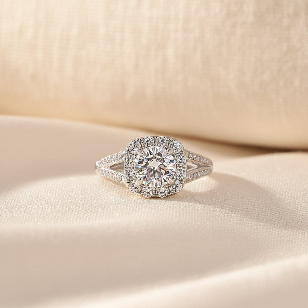 Aurevyn Moissanite 1.2Ct Halo Round Cut Split Shank White Gold Promise Ring For Women