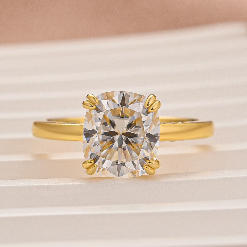 Aurevyn Moissanite 3.0 Ct Cushion Cut Solitaire Double Prongs Yellow Gold Promise Ring For Women