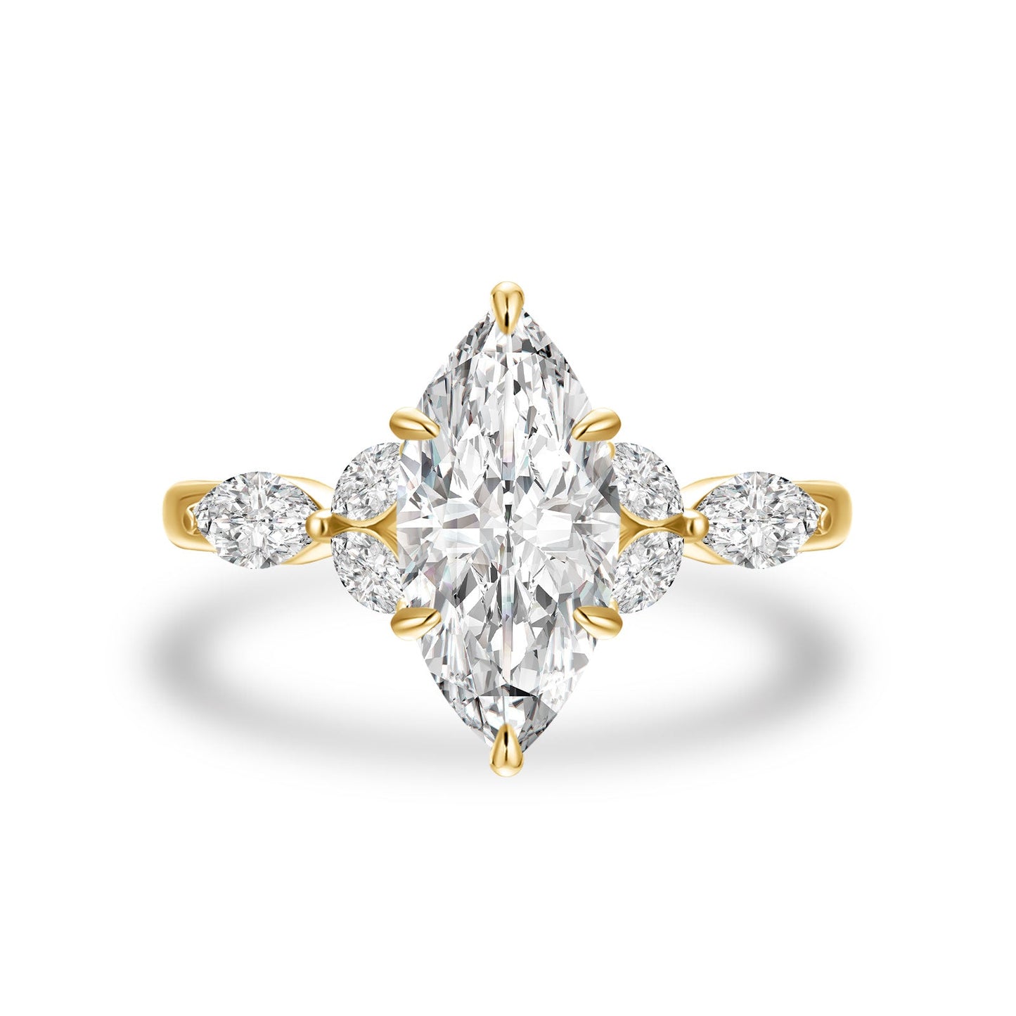 Aurevyn Moissanite 2.0 Ct Marquise Cut Side Stone Yellow Gold Engagement Ring
