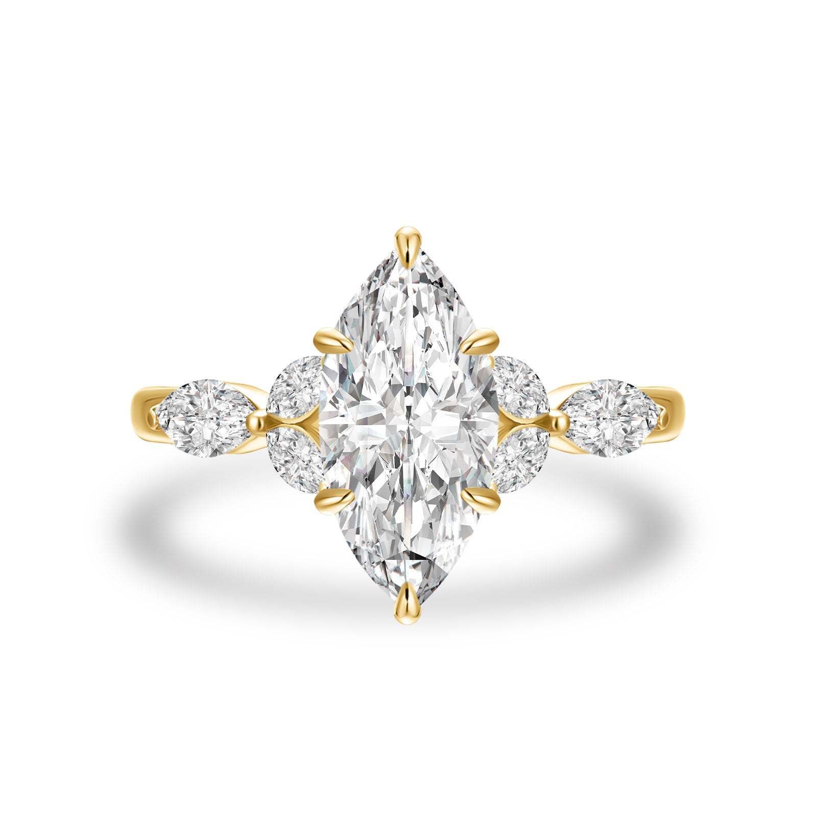 Aurevyn Moissanite 2.0 Ct Marquise Cut Side Stone Yellow Gold Engagement Ring