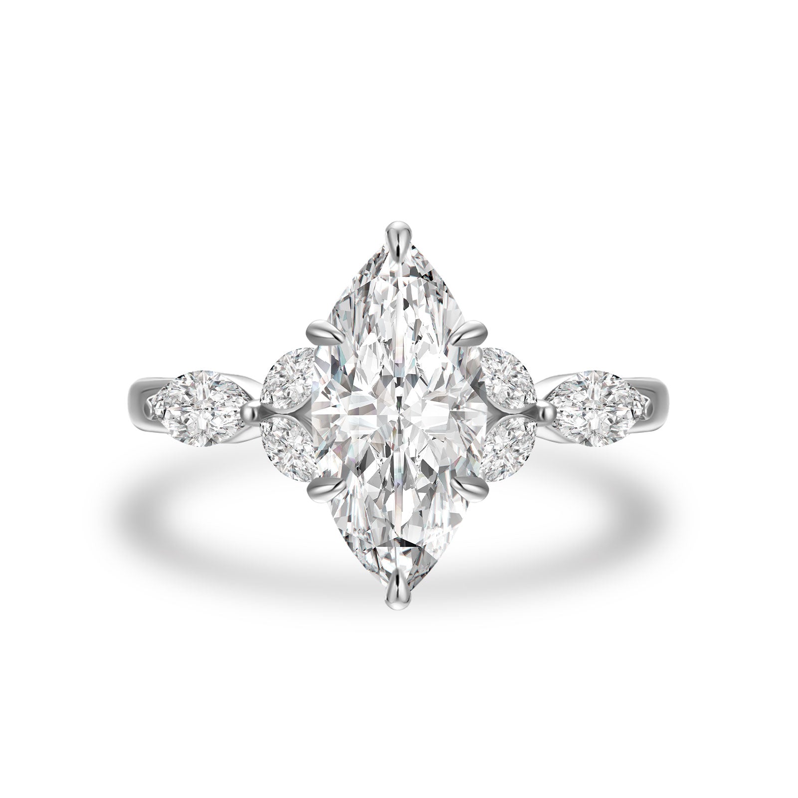 Aurevyn Moissanite 2.0 Ct Marquise Cut Side Stone White Gold Engagement Ring