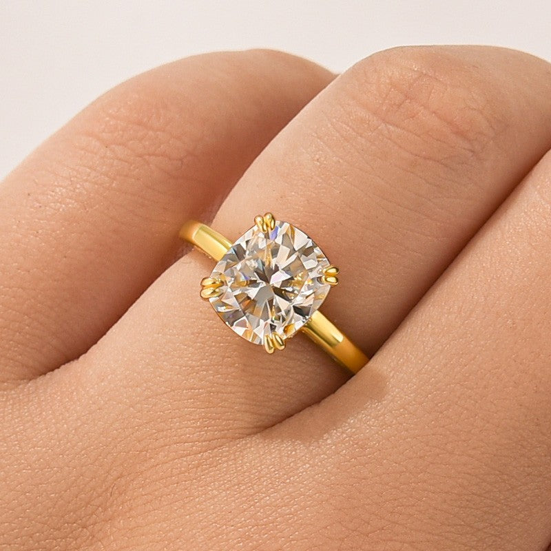 Aurevyn Moissanite 3.0 Ct Cushion Cut Solitaire Double Prongs Yellow Gold Promise Ring For Women