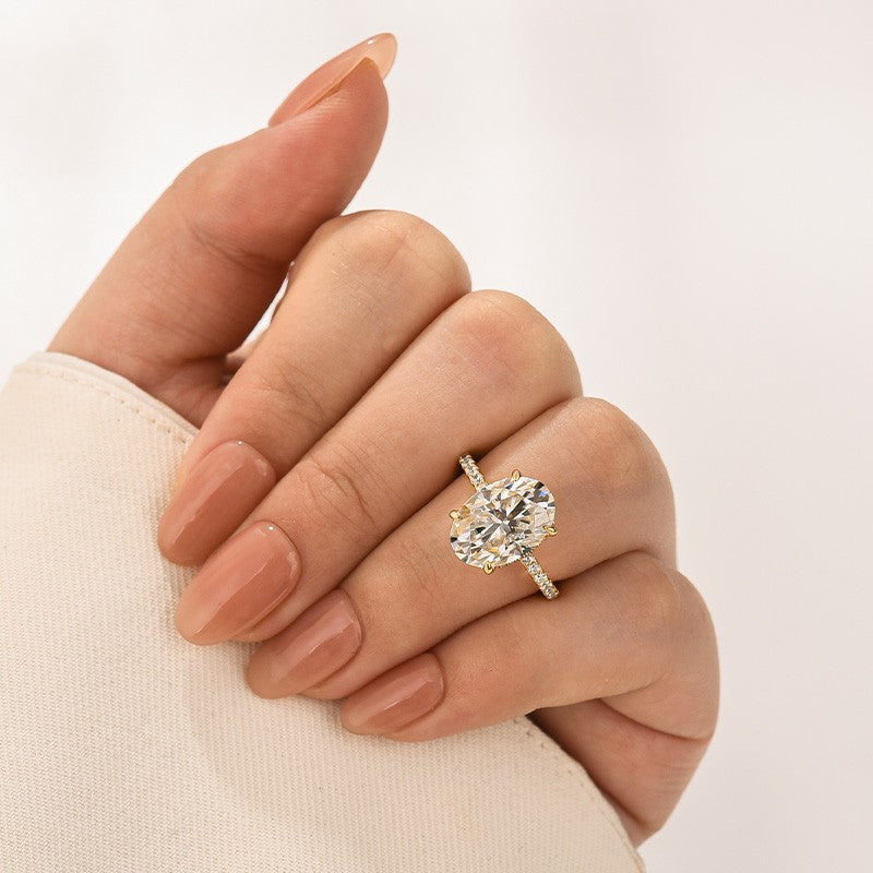 Aurevyn Moissanite 5.5Ct Oval Cut Hidden Halo Yellow Gold Promise Ring For Women