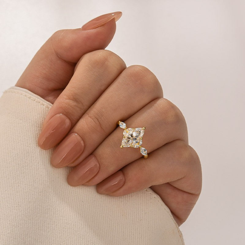 Aurevyn Moissanite 2.0 Ct Marquise Cut Side Stone Yellow Gold Engagement Ring