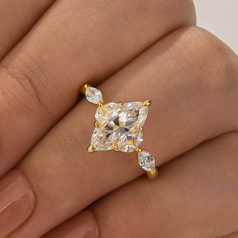 Aurevyn Moissanite 2.0 Ct Marquise Cut Side Stone Yellow Gold Engagement Ring