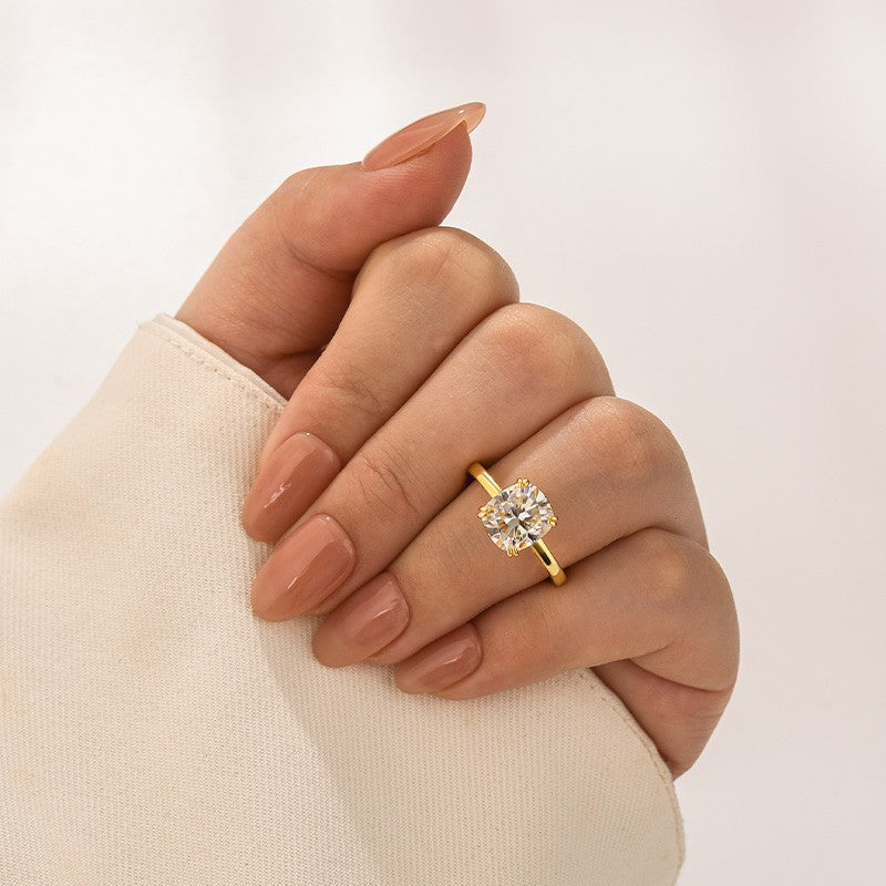Aurevyn Moissanite 3.0 Ct Cushion Cut Solitaire Double Prongs Yellow Gold Promise Ring For Women