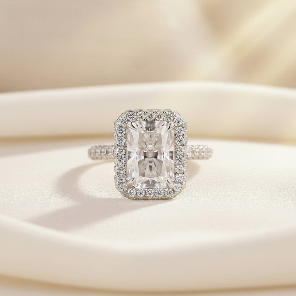 Aurevyn Moissanite 3.5Ct Radiant Cut Halo Engagement Ring In Sterling Silver