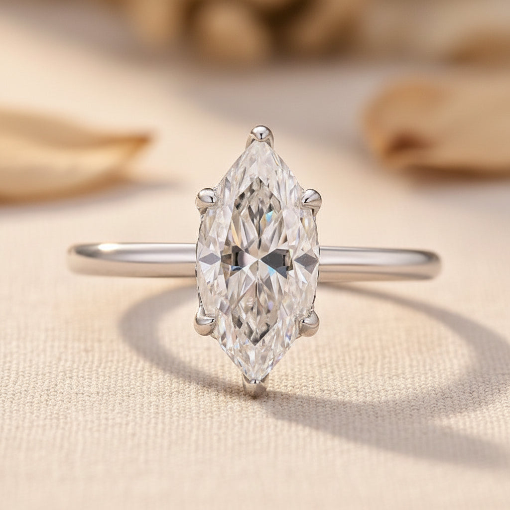 Aurevyn Moissanite 1.0 Ct/2.0 Ct/3.0Ct Marquise Cut Solitaire White Gold Promise Ring For Women