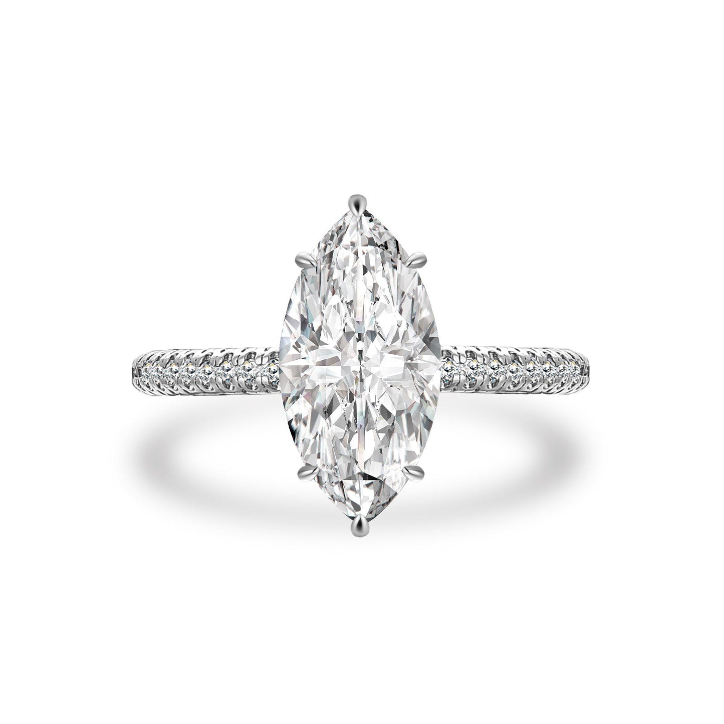 Aurevyn Moissanite 3.0Ct Marquise Cut Solitaire Engagement Ring with Pave Three-Sided Band in 18K White Gold Plated Sterling Silver