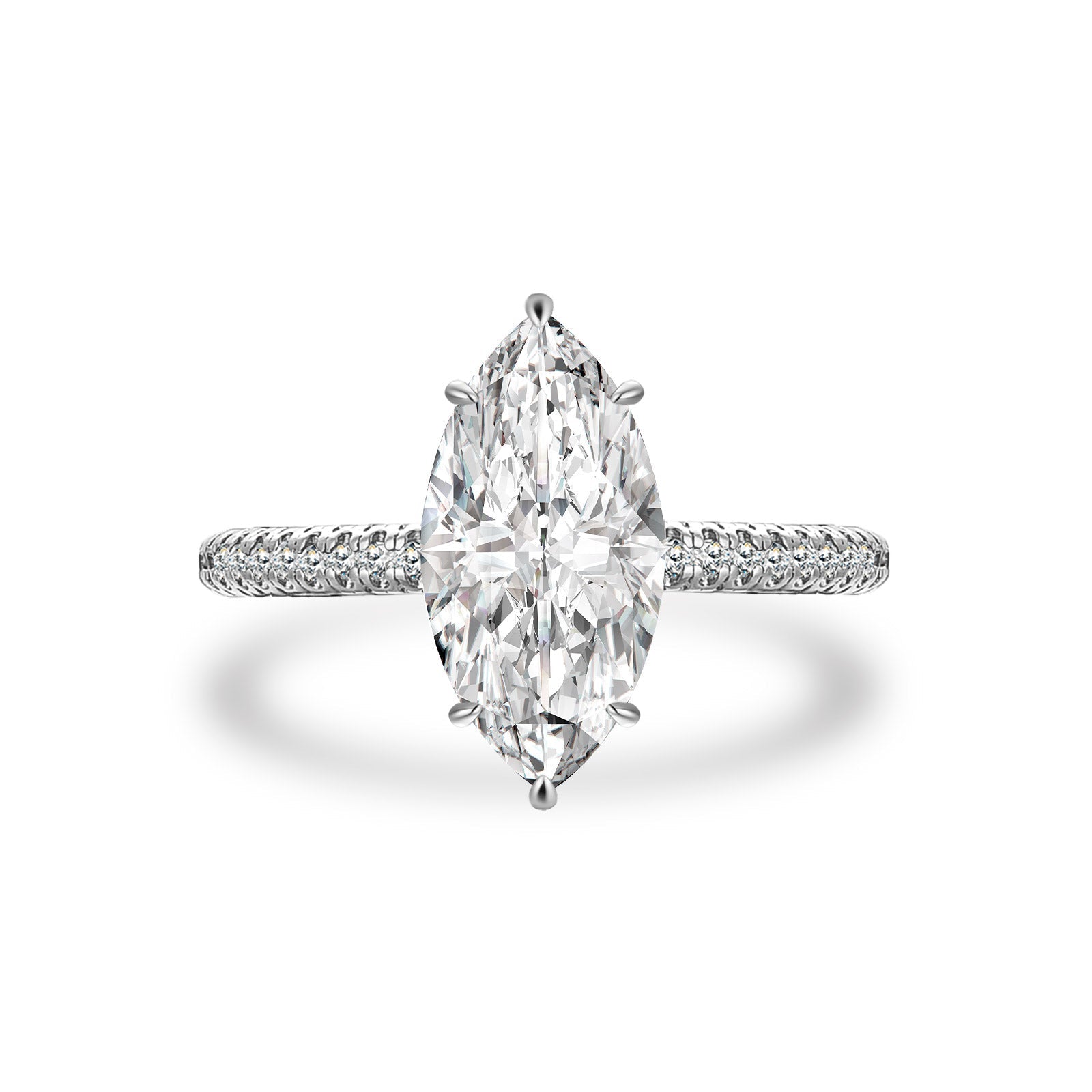 Aurevyn Moissanite 3.0Ct Marquise Cut Solitaire Engagement Ring with Pave Three-Sided Band in 18K White Gold Plated Sterling Silver
