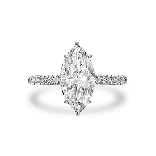 Aurevyn Moissanite 3.0Ct Marquise Cut Solitaire Engagement Ring with Pave Three-Sided Band in 18K White Gold Plated Sterling Silver