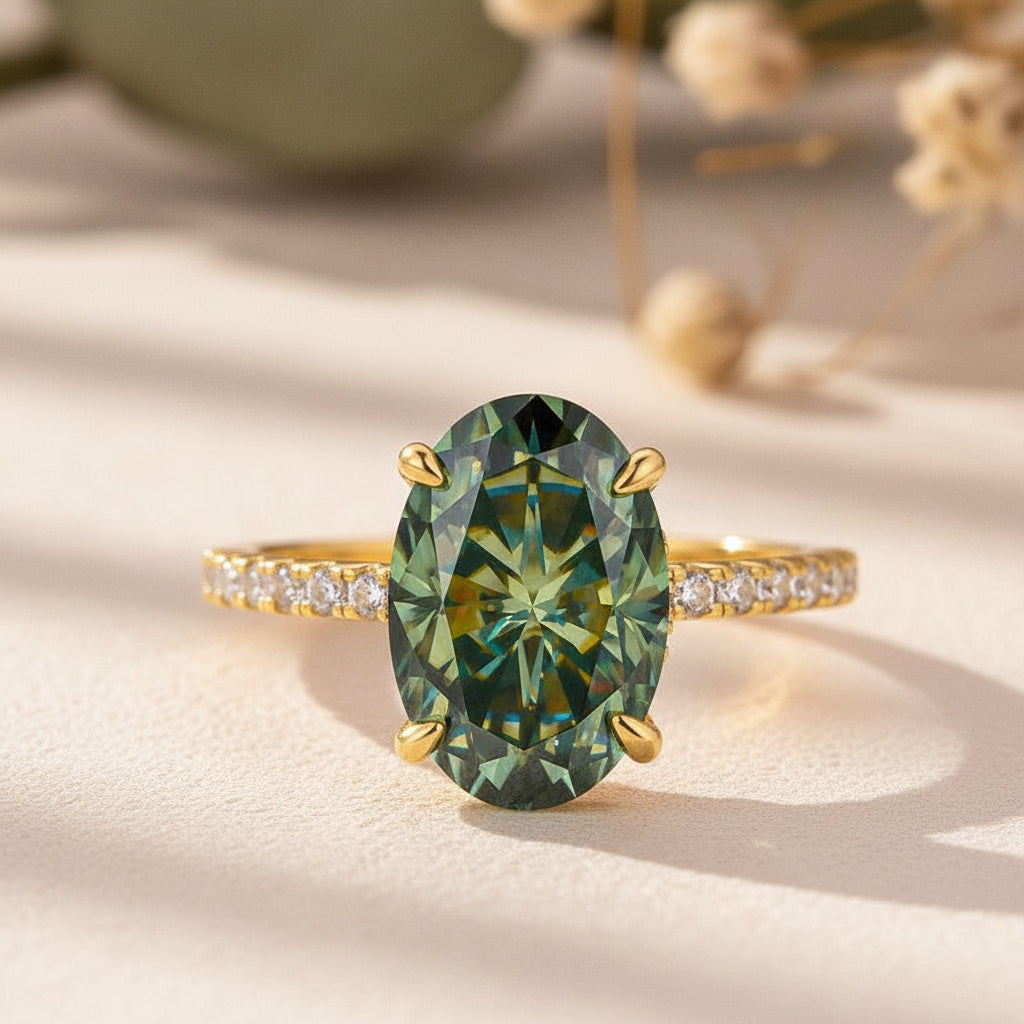 Aurevyn Moissanite 4.0Ct Oval Cut Turquoise Hidden Halo Engagement Ring in Sterling Silver