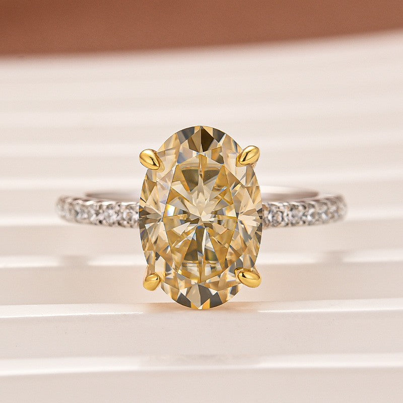 Aurevyn Moissanite 4.0Ct Oval Cut Champagne Hidden Halo Two-Tone Engagement Ring