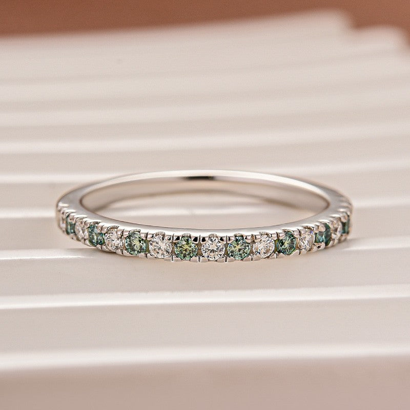 Aurevyn 0.5 Ct Round Cut Alternating White and Green Half Halo White Gold Anniversary Ring
