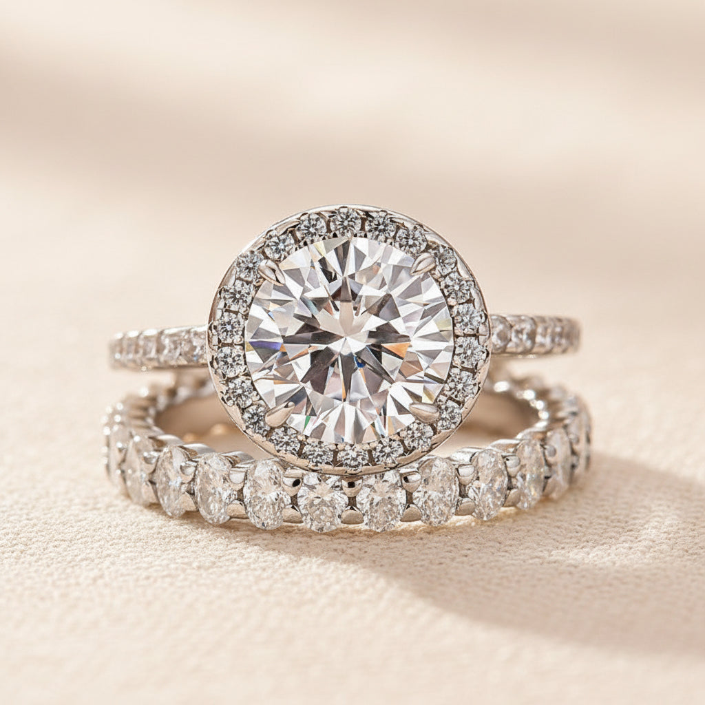 Aurevyn 2.0 Ct Halo Round Cut White Gold Wedding Ring with Oval Cut Wedding Band