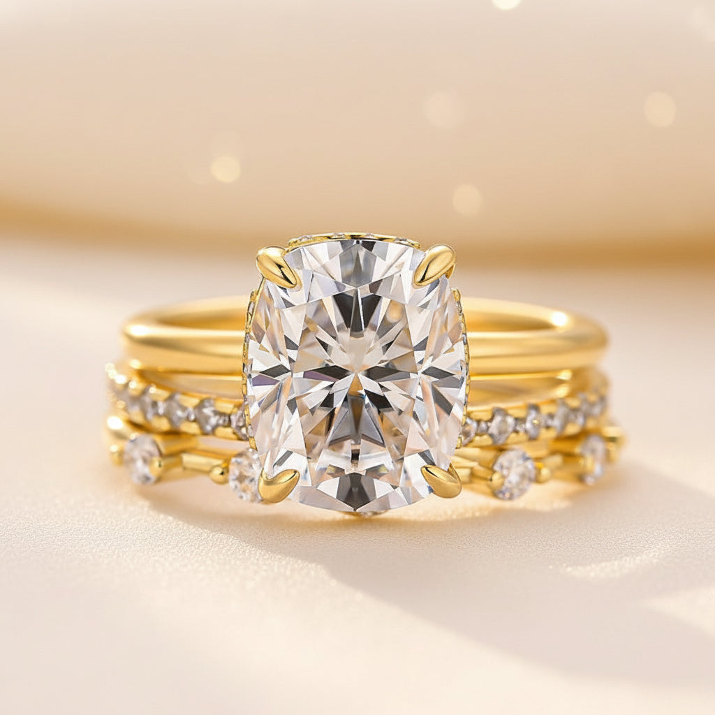 Aurevyn Moissanite 4.0Ct Cushion Cut Solitaire Yellow Gold 3PC Wedding Ring Set