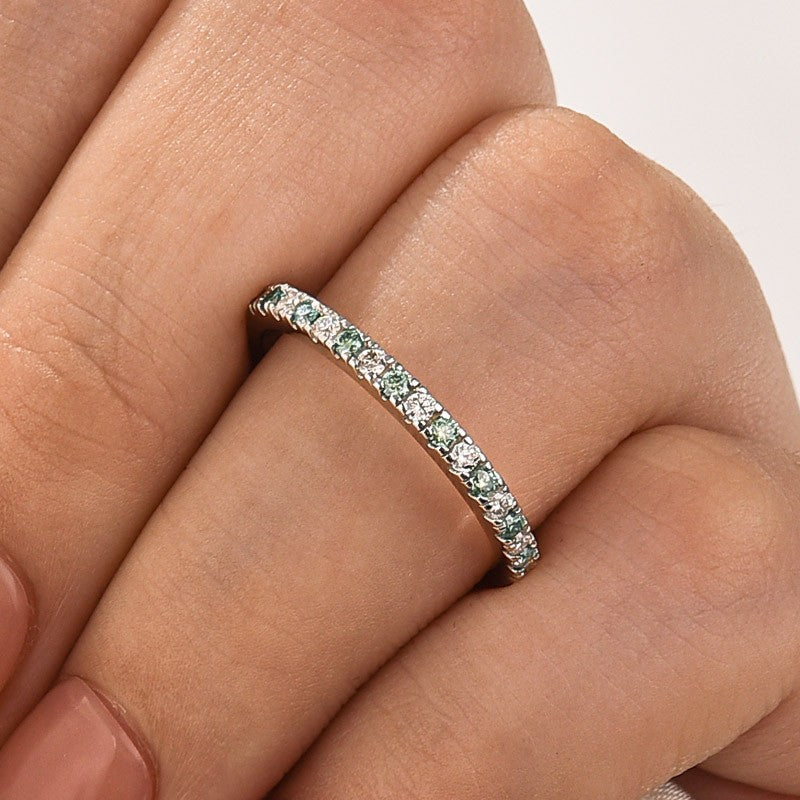 Aurevyn 0.5 Ct Round Cut Alternating White and Green Half Halo White Gold Anniversary Ring