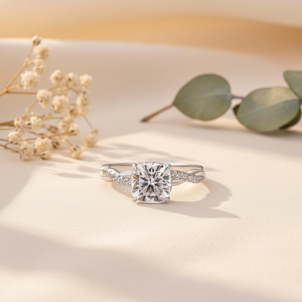 Aurevyn Moissanite 2.0Ct Cushion Cut Twist Engagement Ring Travel Ring In Sterling Silver