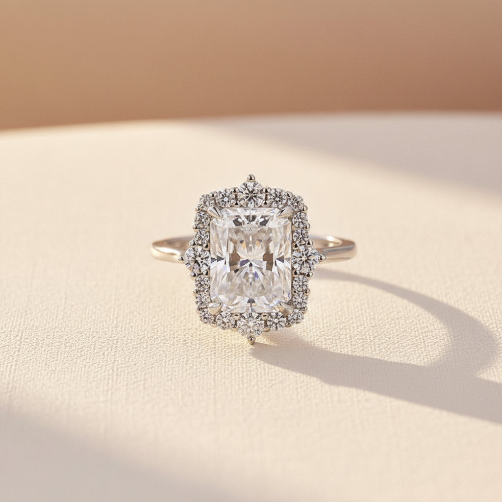 Aurevyn 3.0Ct White Gold Halo Radiant Cut Engagement Ring