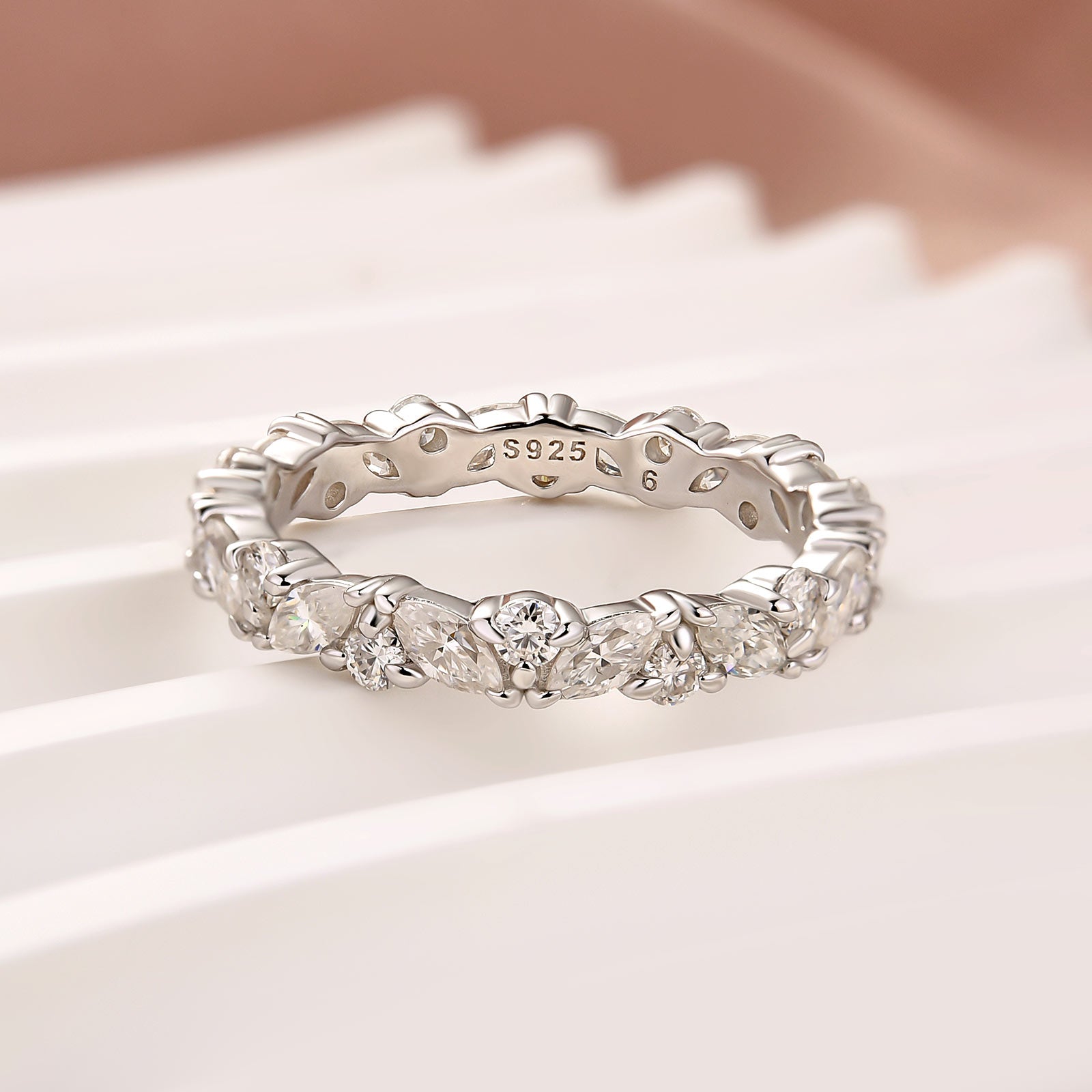 Aurevyn Moissanite Fashion Design Marquise Cut & Round Cut Wedding Band In Sterling Silver