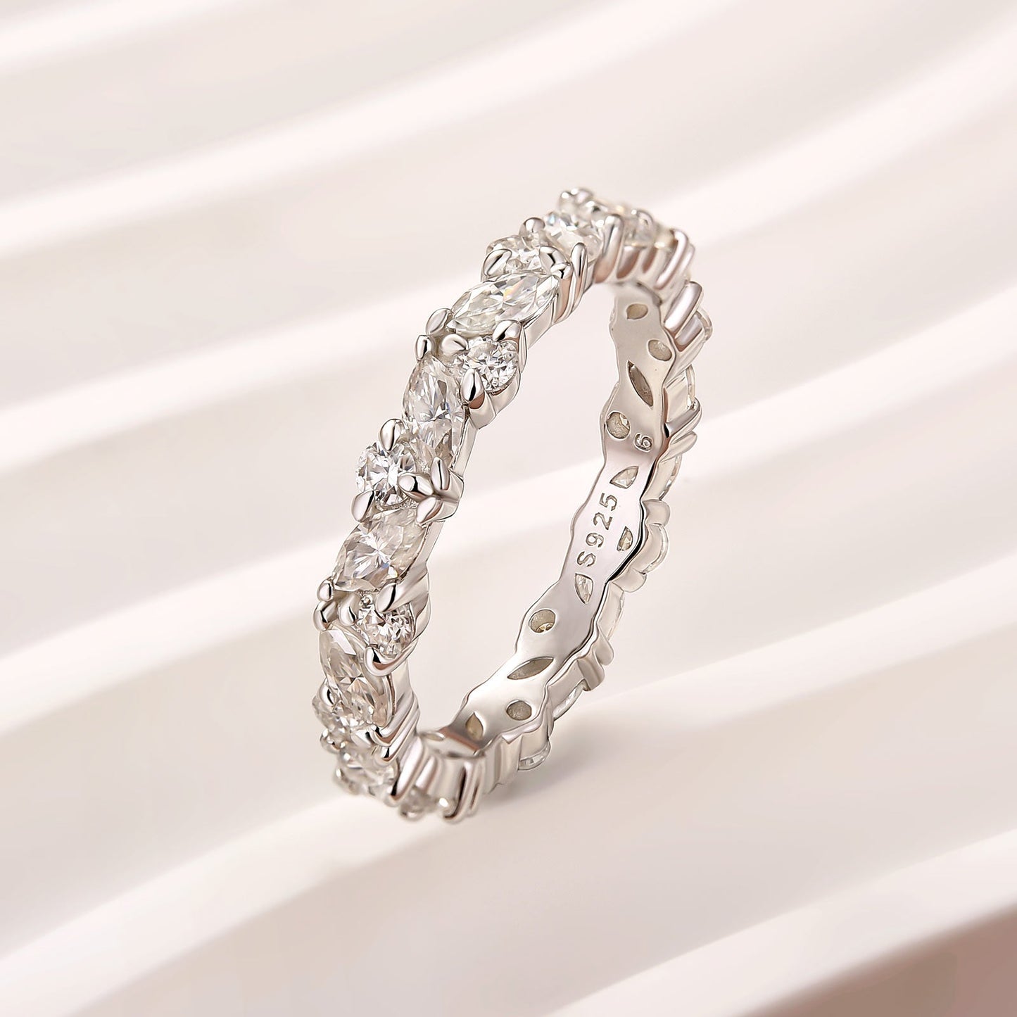Aurevyn Moissanite Fashion Design Marquise Cut & Round Cut Wedding Band In Sterling Silver
