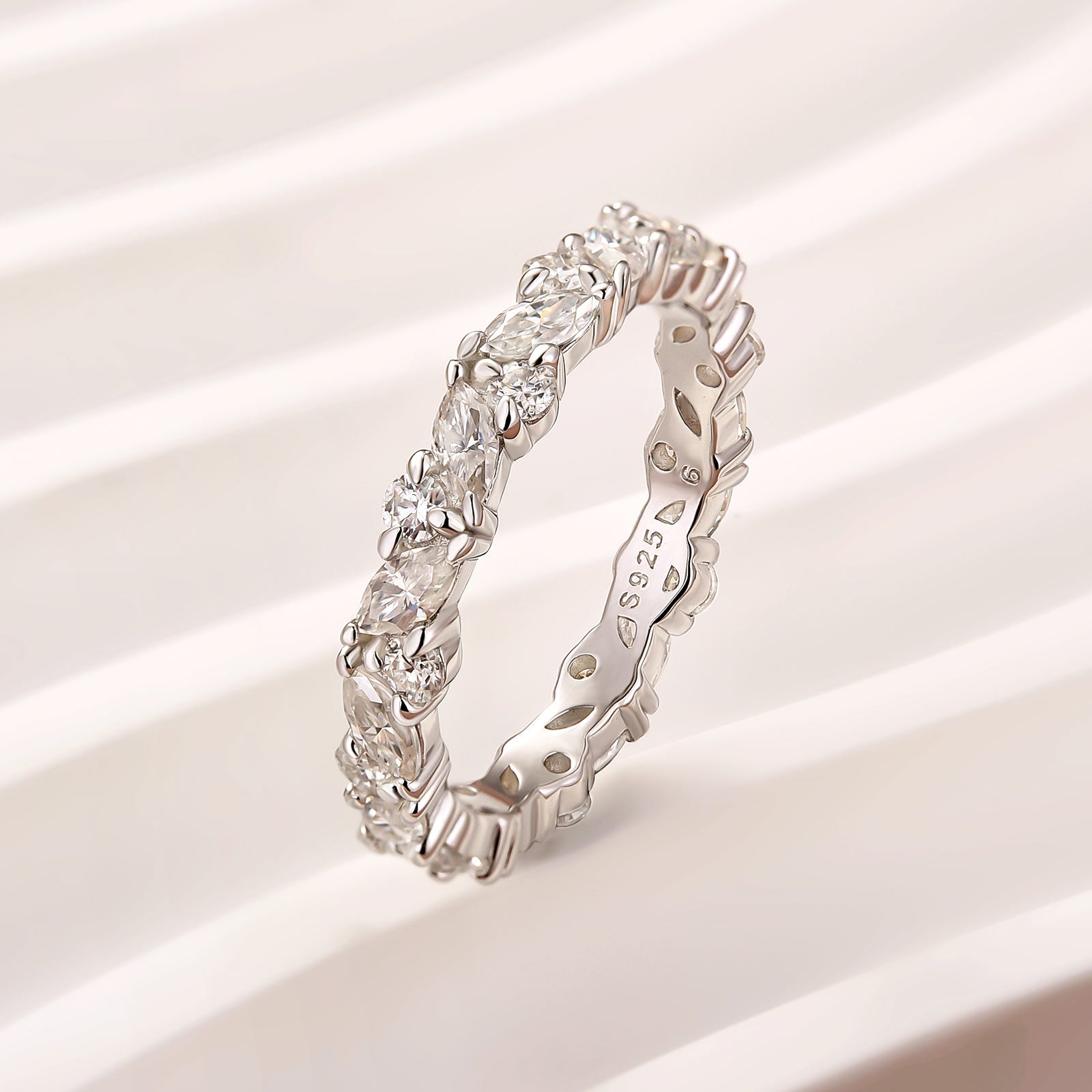 Aurevyn Moissanite Fashion Design Marquise Cut & Round Cut Wedding Band In Sterling Silver