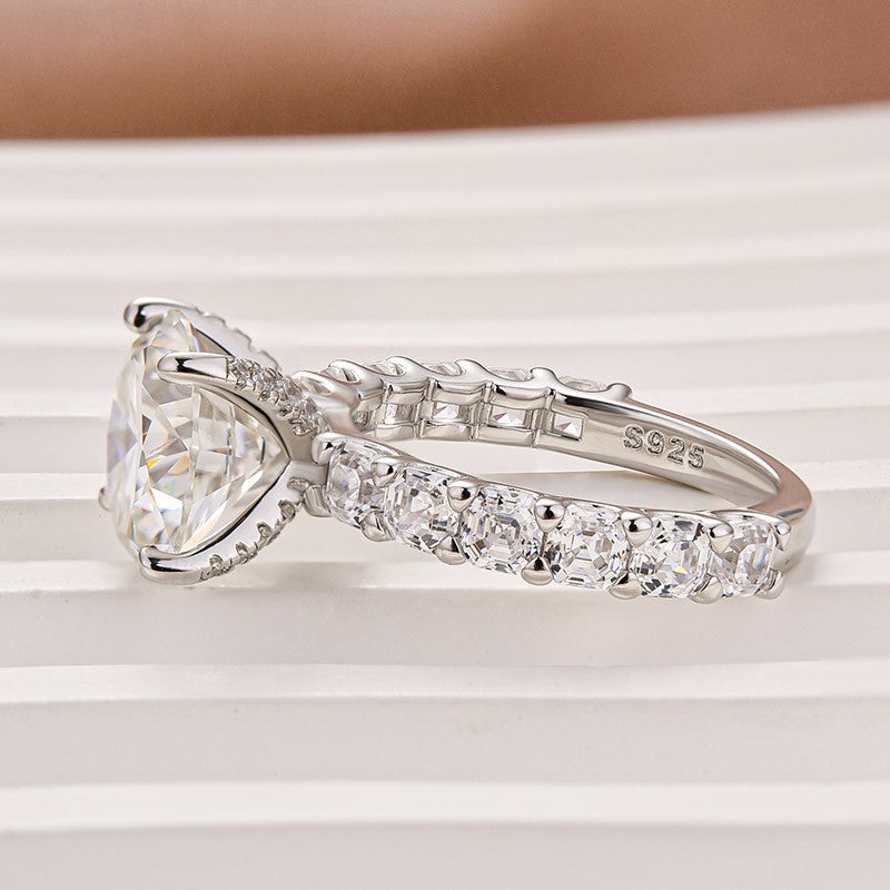 Aurevyn 4.0 Ct Round White Gold Engagement Ring with Asscher Cut Wedding Band