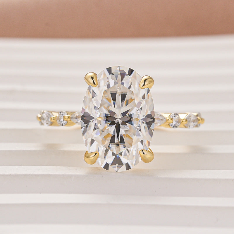 Aurevyn Moissanite 5.5Ct Oval Cut Side Stone Yellow Gold Engagement Ring