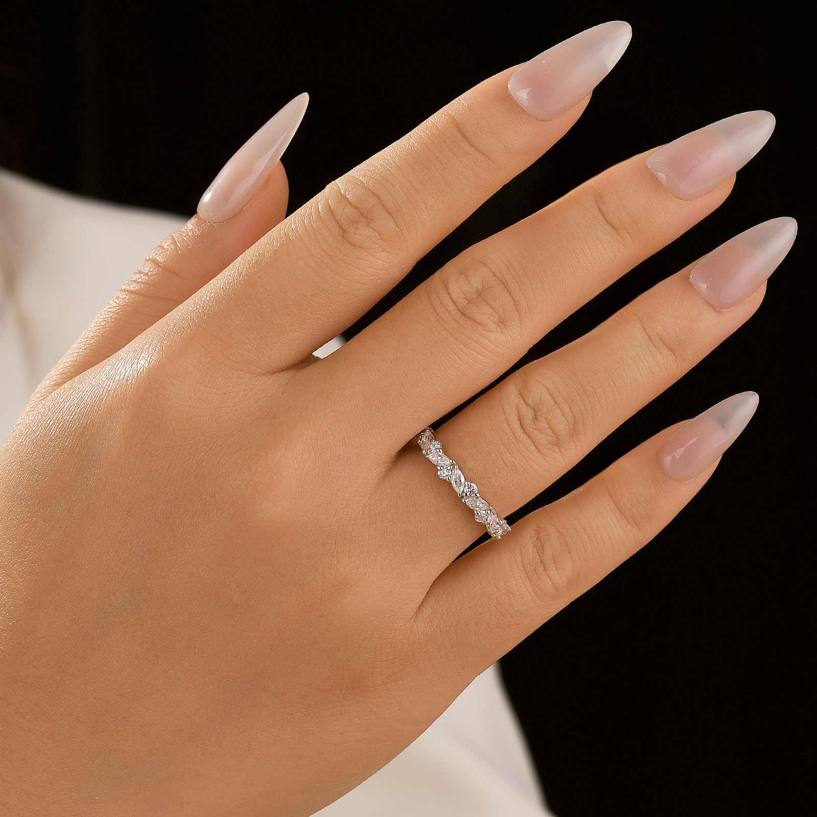 Aurevyn Moissanite Fashion Design Marquise Cut & Round Cut Wedding Band In Sterling Silver