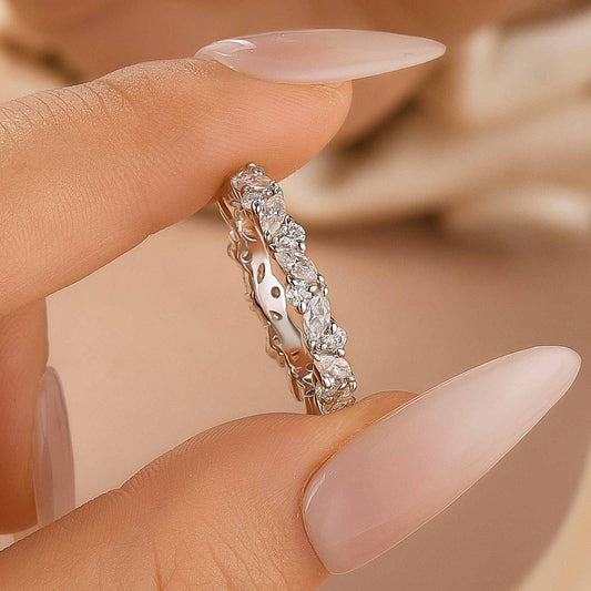 Aurevyn Moissanite Fashion Design Marquise Cut & Round Cut Wedding Band In Sterling Silver