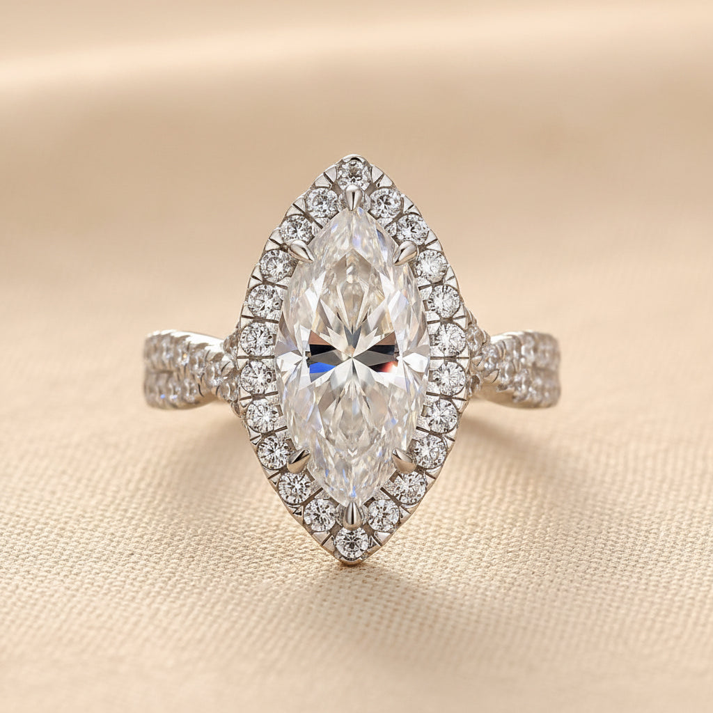 Aurevyn S925 Moissanite 3.0Ct White Marquise Cut Halo Engagement Ring 925 Sterling Silver Promise Ring For Women