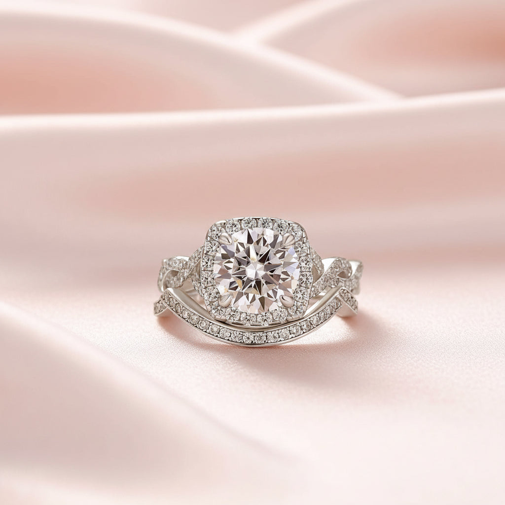 Aurevyn Moissanite 2.0Ct Halo Round Cut Twist White Gold Wedding Ring Set In Sterling Silver