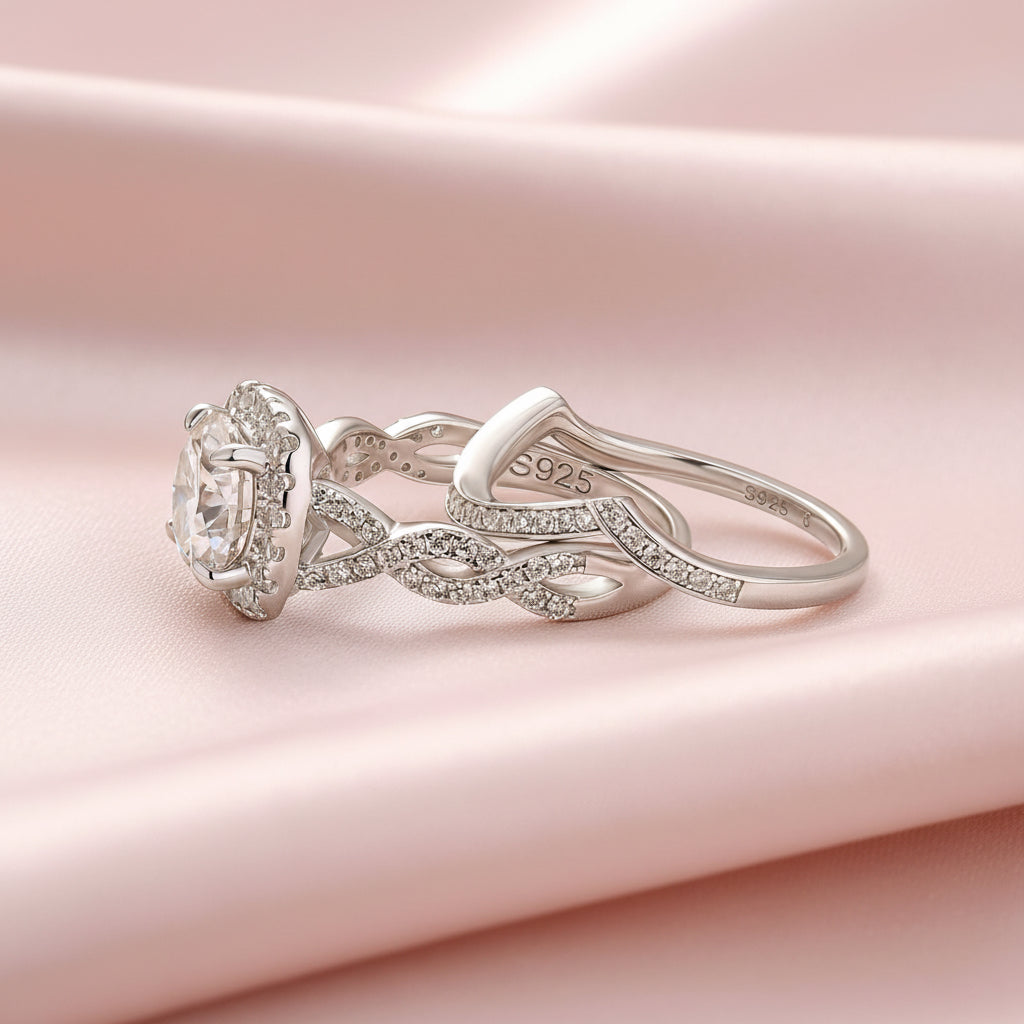 Aurevyn Moissanite 2.0Ct Halo Round Cut Twist White Gold Wedding Ring Set In Sterling Silver
