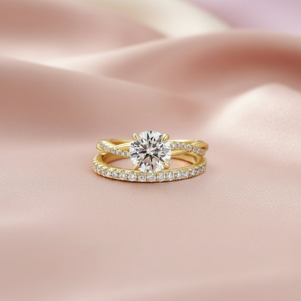 Aurevyn Moissanite 1.2Ct/2.0 Ct Twist Round Cut Yellow Gold Pave Promise Bridal Ring With Wedding Band