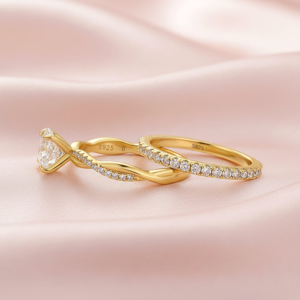 Aurevyn Moissanite 1.2Ct/2.0 Ct Twist Round Cut Yellow Gold Pave Promise Bridal Ring With Wedding Band