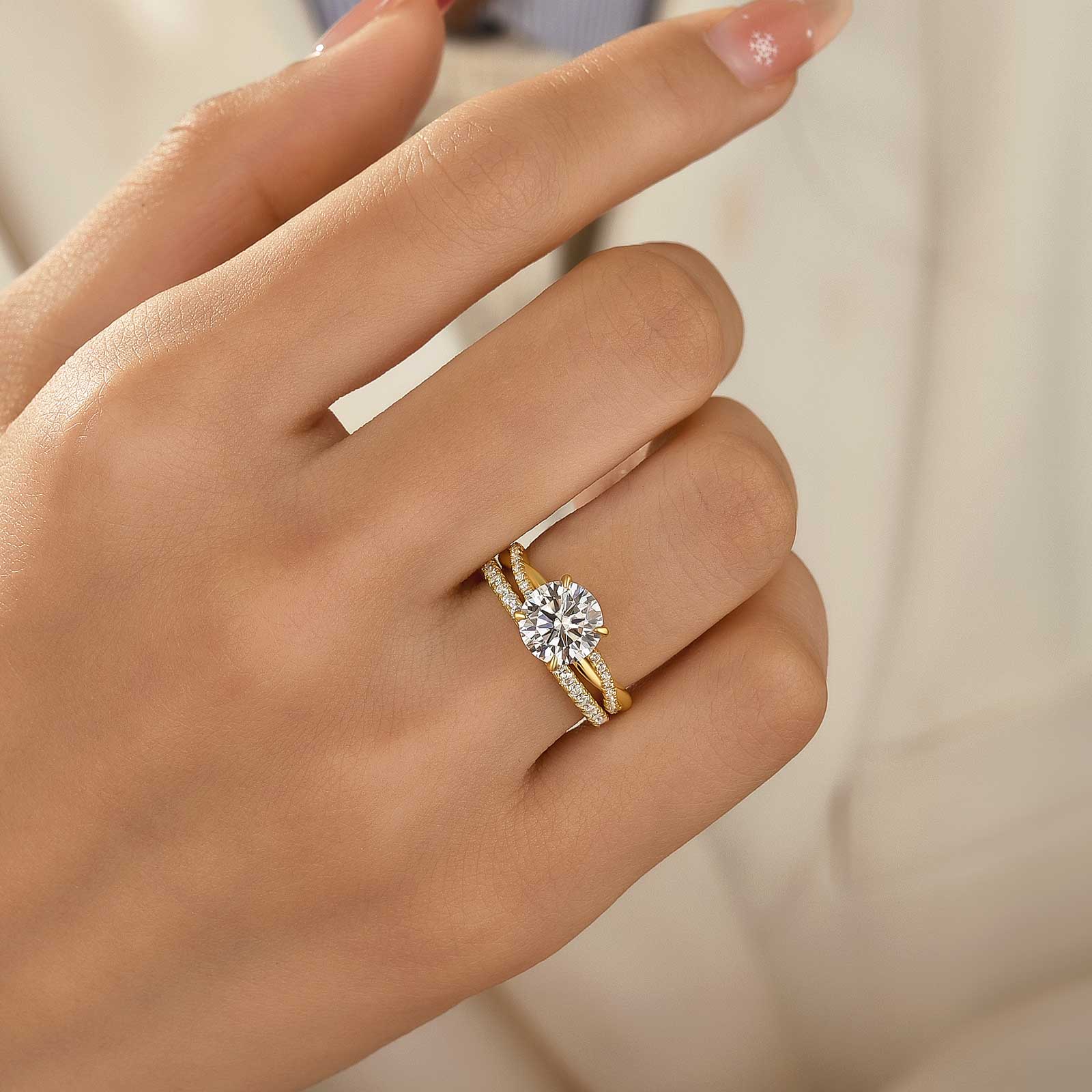 Aurevyn Moissanite 1.2Ct/2.0 Ct Twist Round Cut Yellow Gold Pave Promise Bridal Ring With Wedding Band