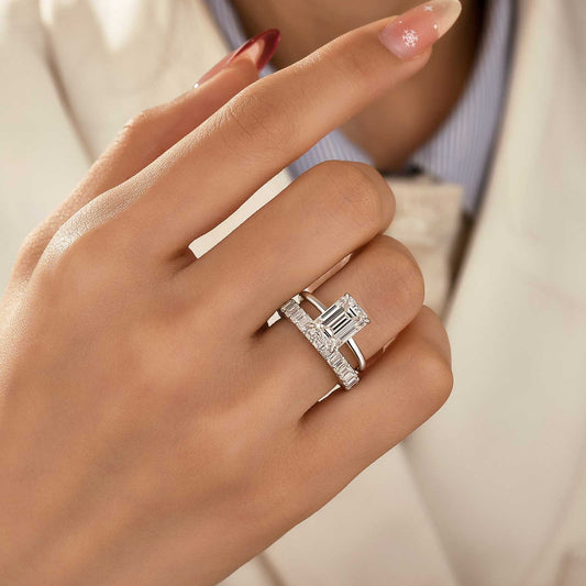 Aurevyn Moissanite 4.0Ct Solitaire Oval Cut/3.5Ct Emerald Cut White Gold Wedding Ring with Emerald Cut Wedding Ring