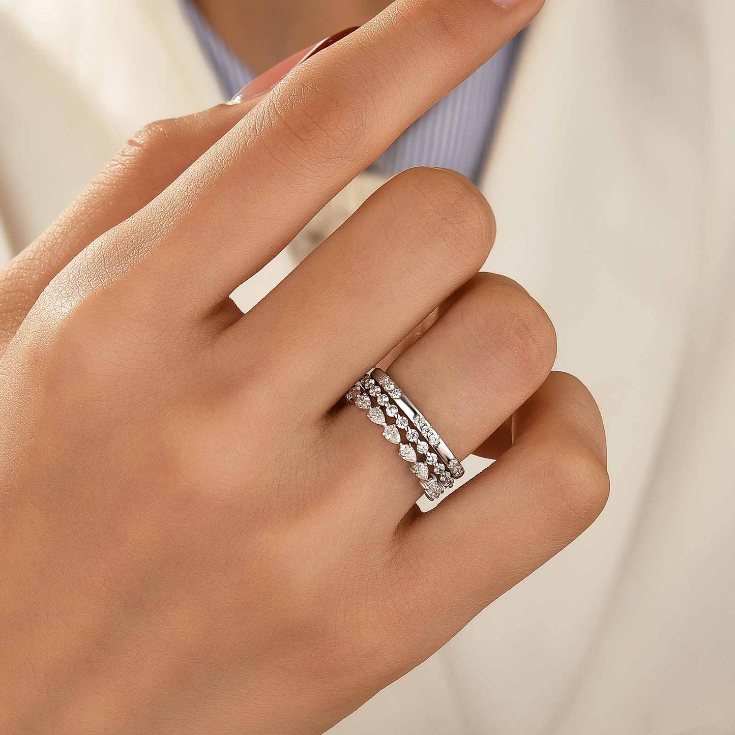 Aurevyn Moissanite 3.3Ct Round Cut & Pear Cut Wedding Band Set For Women In Sterling Silver