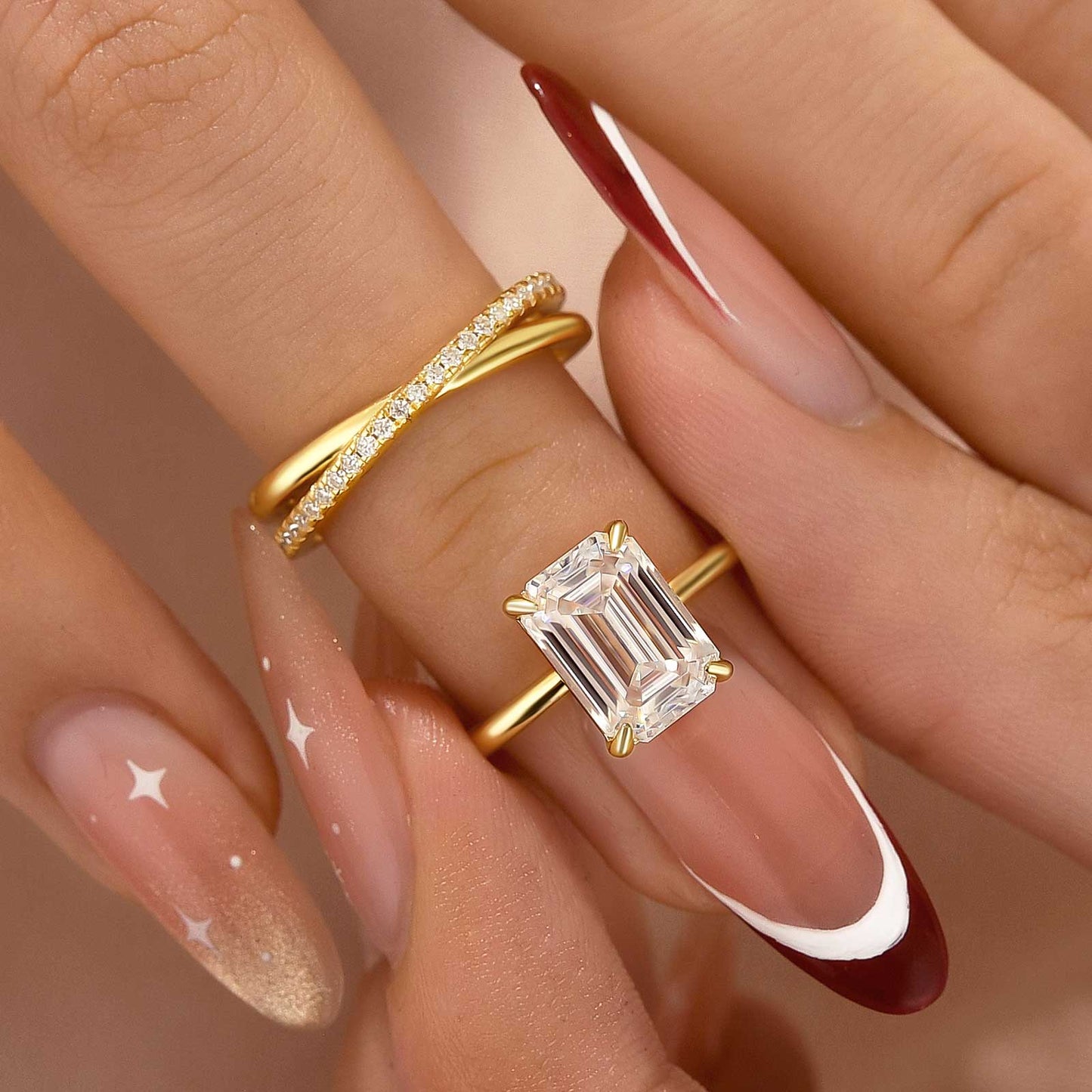 Aurevyn Moissanite 2PC 3.5 Ct Radiant Cut/Emerald Cut Twist Yellow Gold Wedding Ring Set For Women