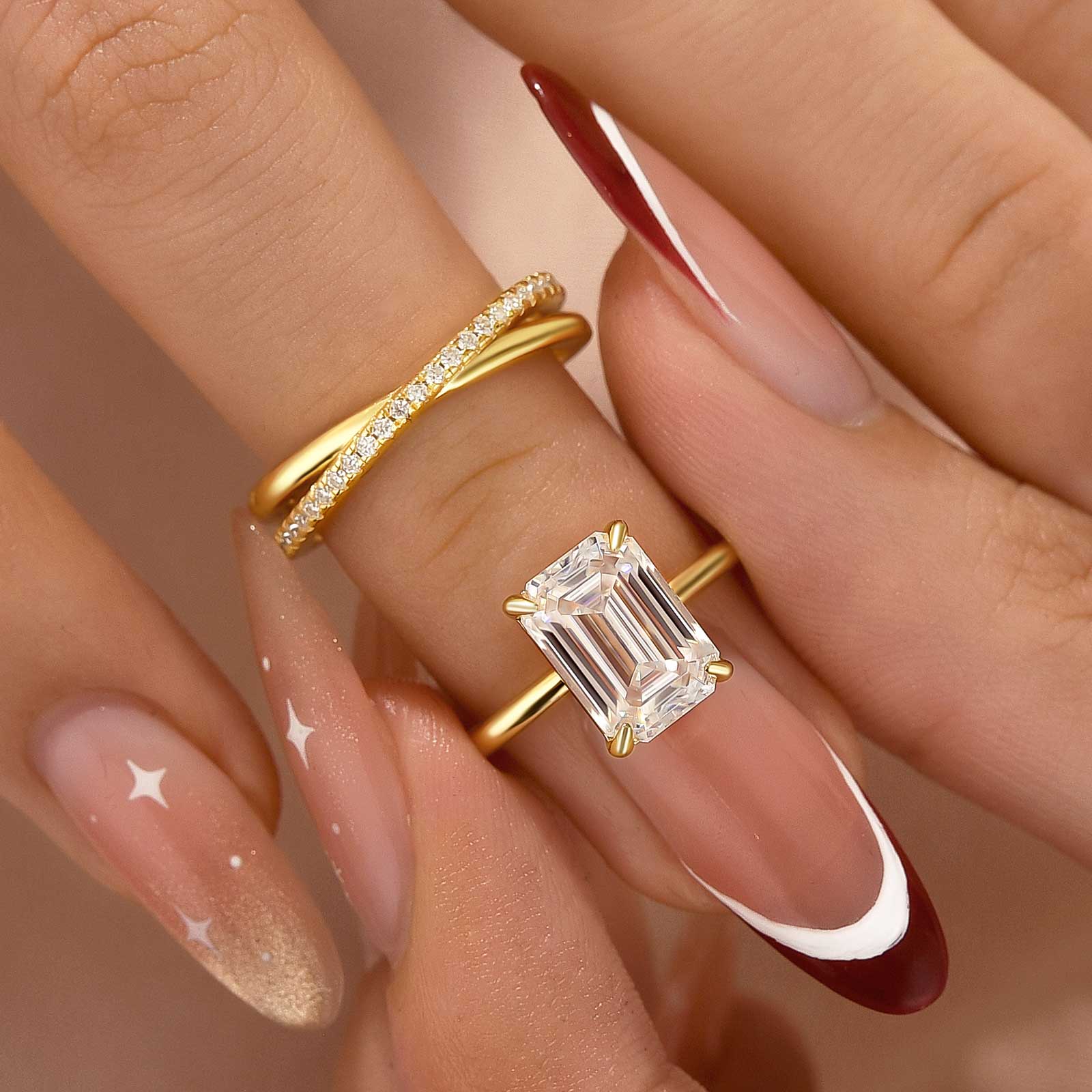 Aurevyn Moissanite 2PC 3.5 Ct Radiant Cut/Emerald Cut Twist Yellow Gold Wedding Ring Set For Women