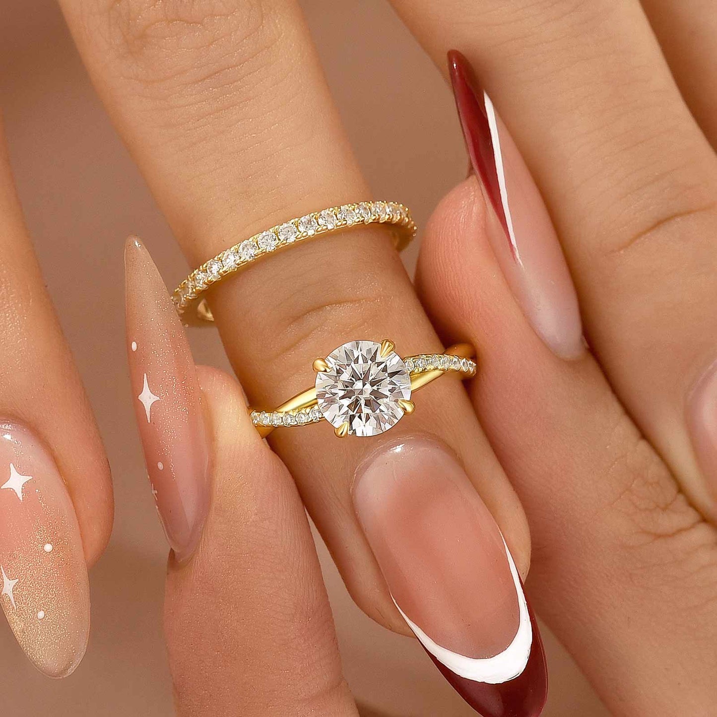 Aurevyn Moissanite 1.2Ct/2.0 Ct Twist Round Cut Yellow Gold Pave Promise Bridal Ring With Wedding Band
